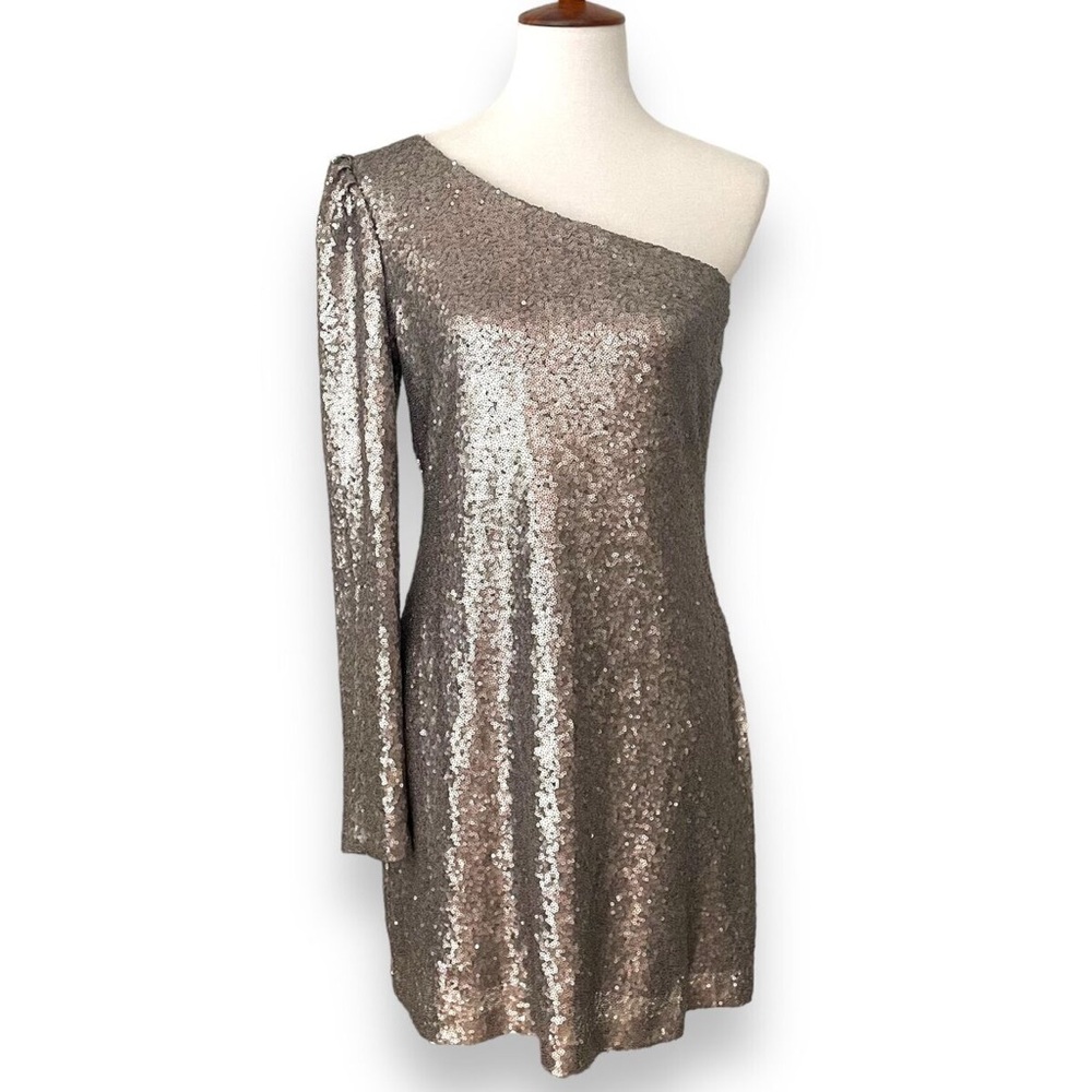 Highline Collective Silver Sequined One Shoulder Long Sleeve Mini Dress Size S